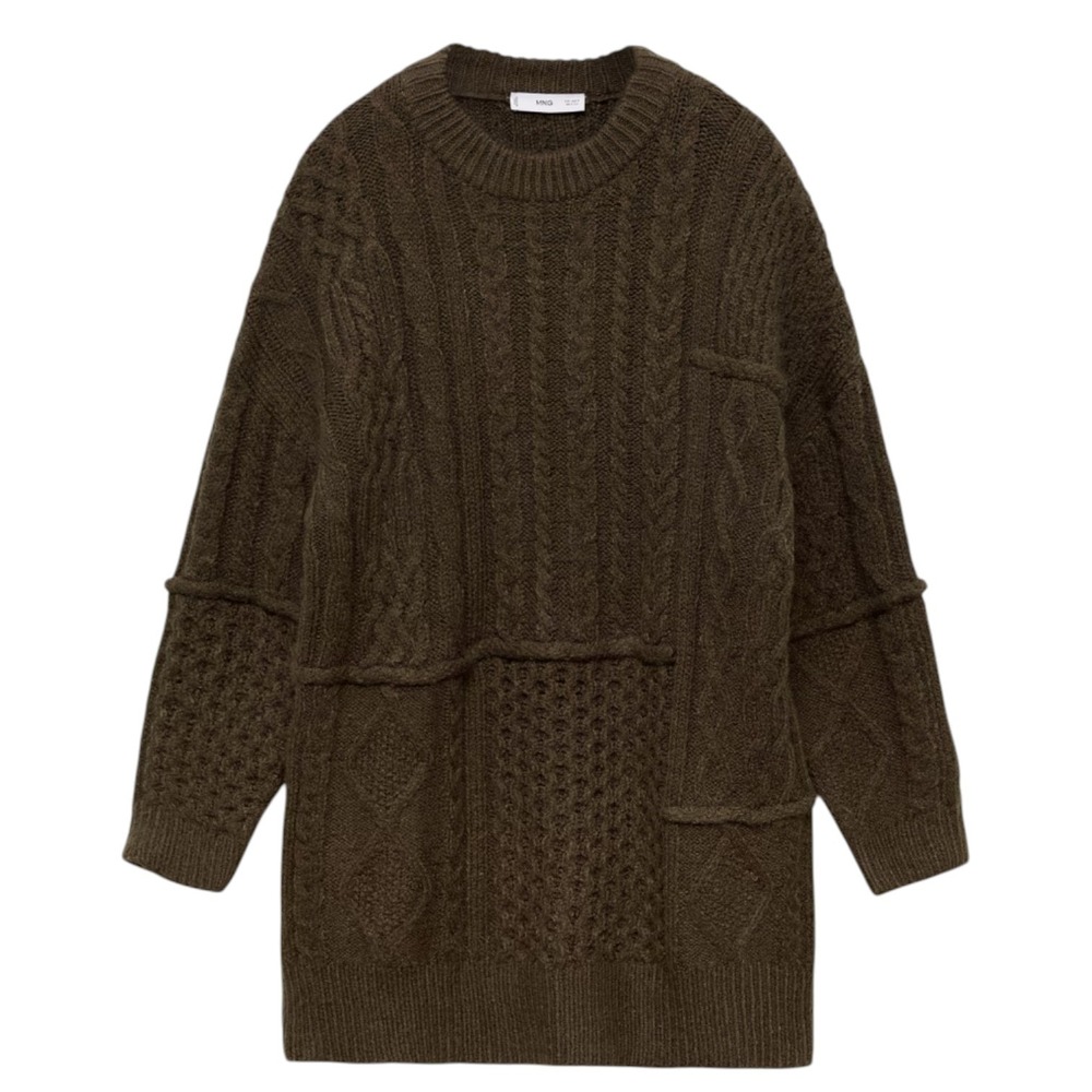 Mango‎ MNG Women's Chunky Cable Knit Olive Green Knit Sweater Mini Dress S